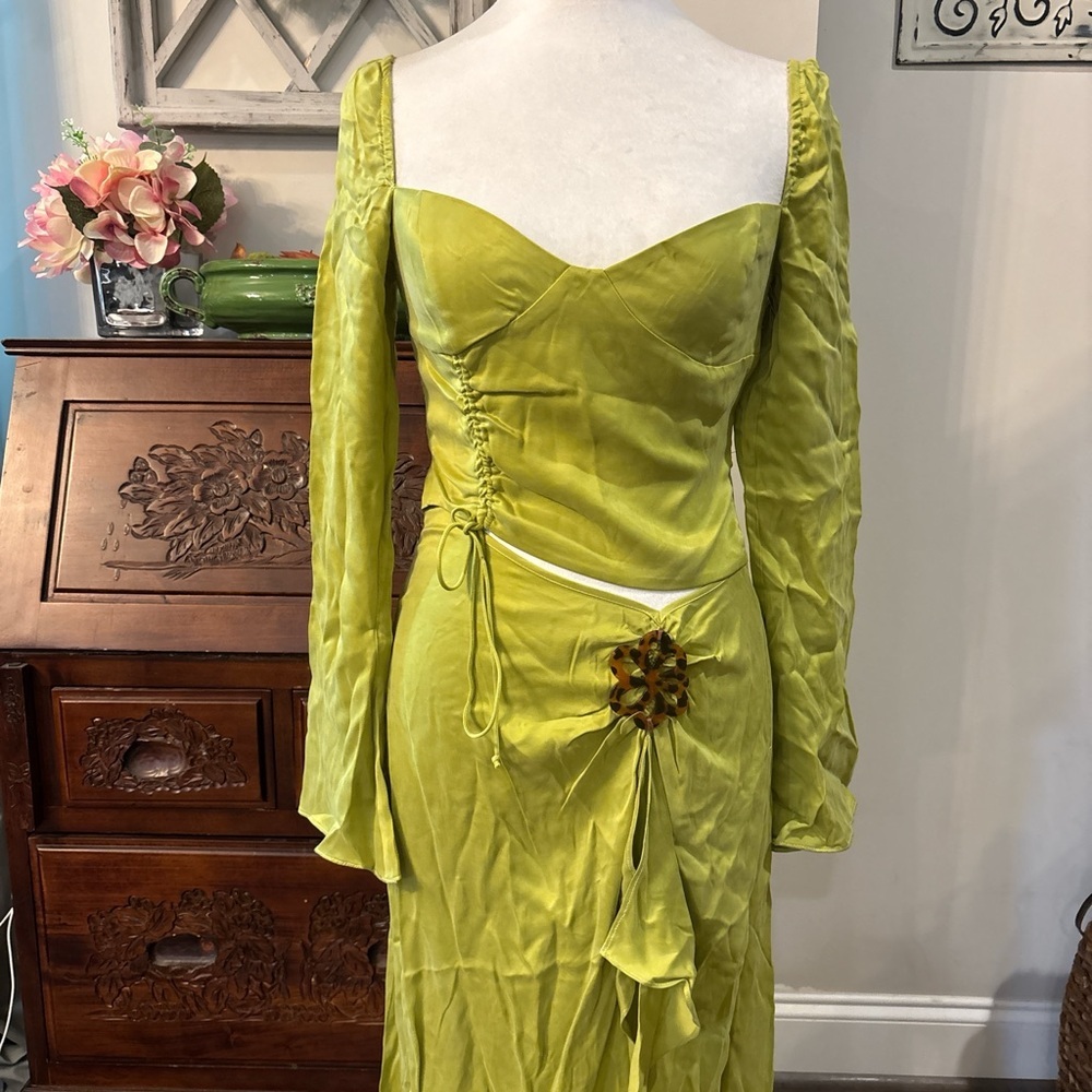 For Love And Lemons Green Gown with Sweetheart Neckline and Bishop Sleeves